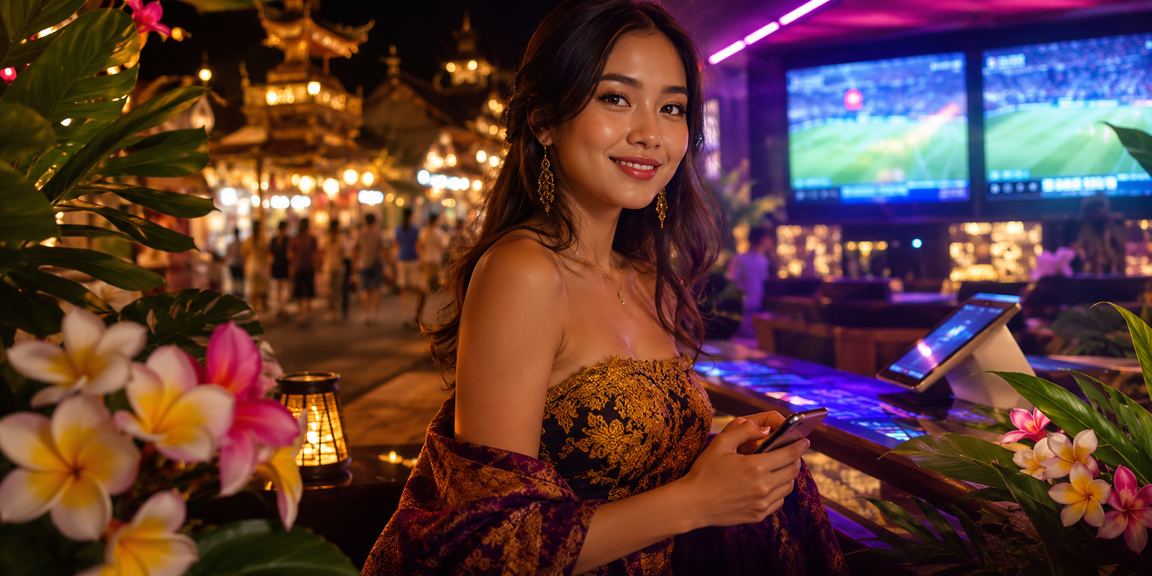Suasana kasino dengan lampu neon berwarna-warni dan layar taruhan yang menampilkan berbagai opsi permainan