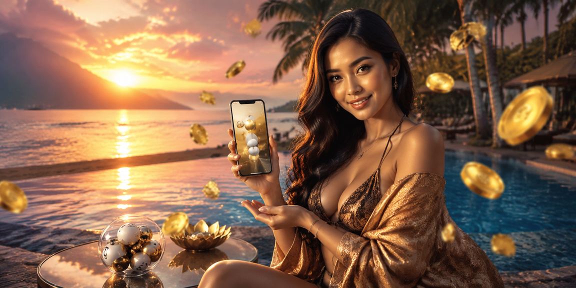 Suasana pantai saat pengguna memeriksa bonus lotere dan hadiah digital di perangkat seluler
